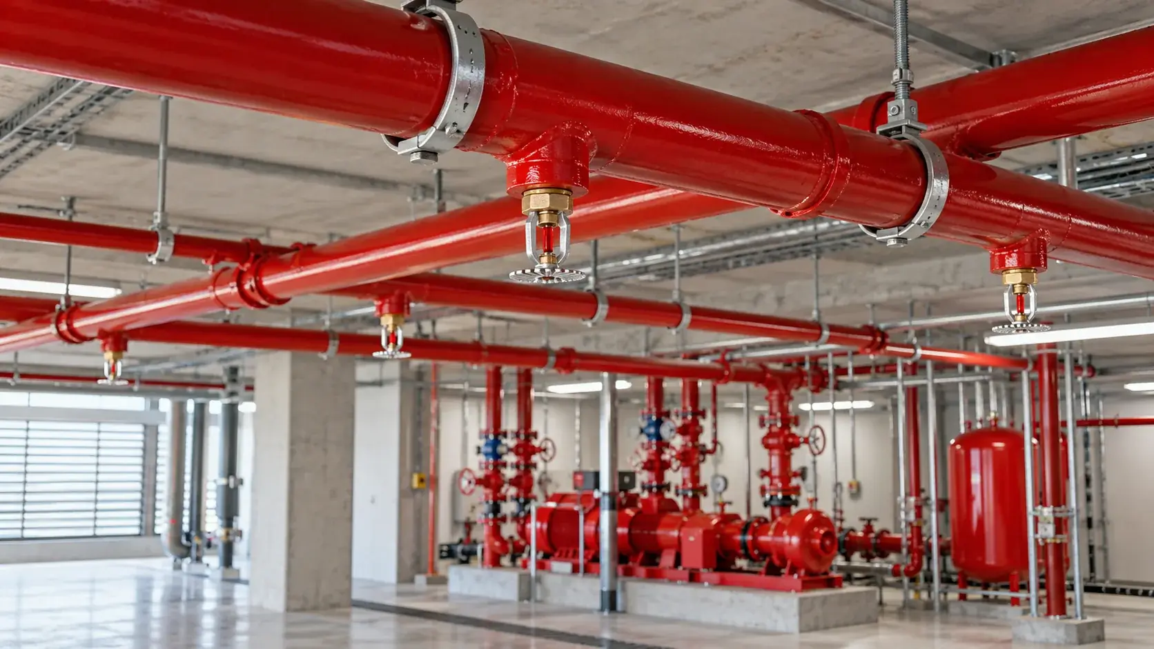 Yangın söndürme tesisatı, kırmızı sprinkler hatları ve pompa grubu